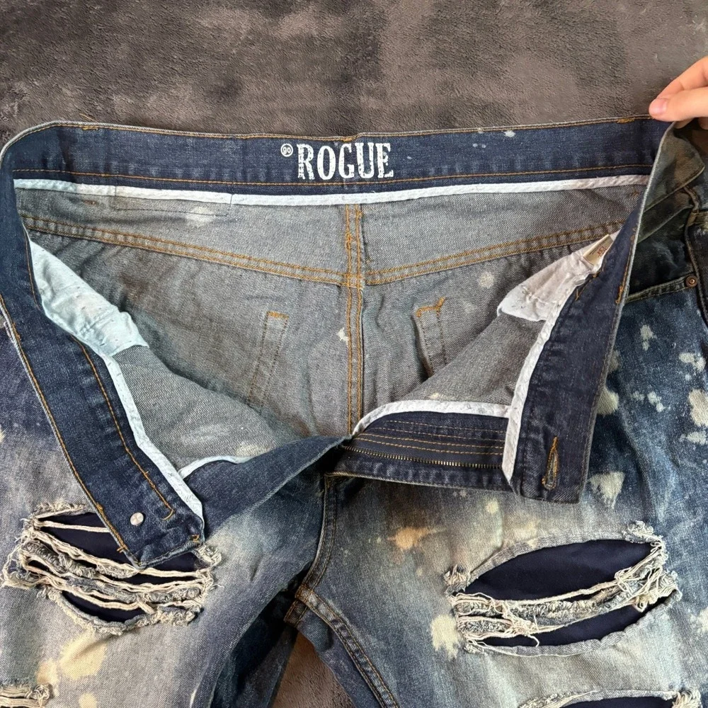 Mens Rogue Vintage Distressed Jeans 44Wx34L Bleached Denim Ripped Designer Pants